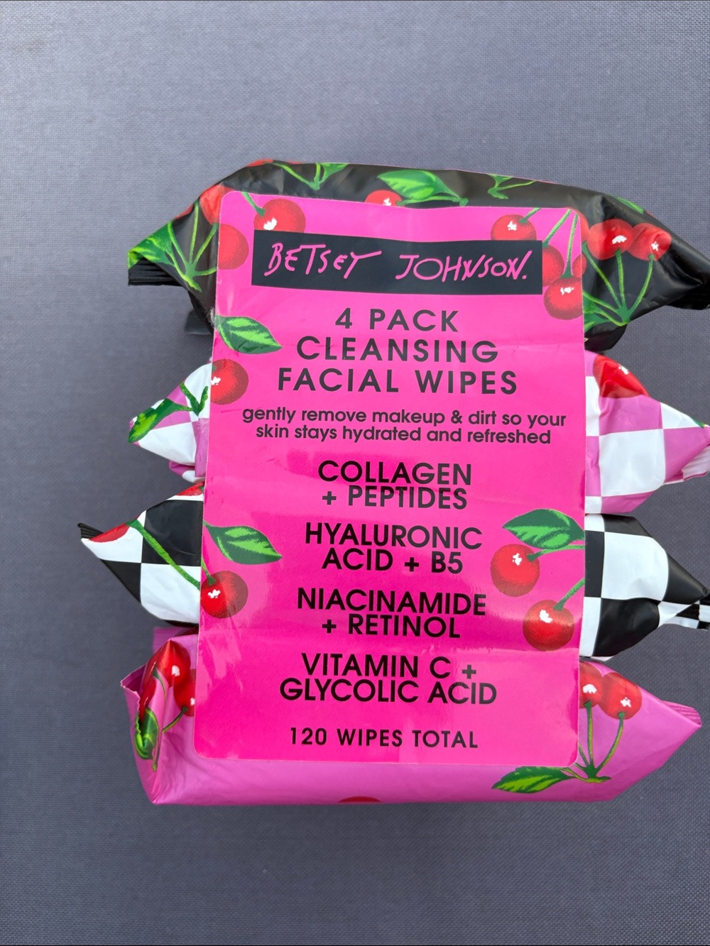 Betsey Johnson Bright Pink Cherry Pack 4-Pack Cleansing Facial Wipes